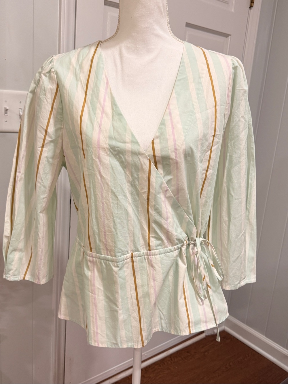 a new day Mint Striped Wrap Peplum Blouse